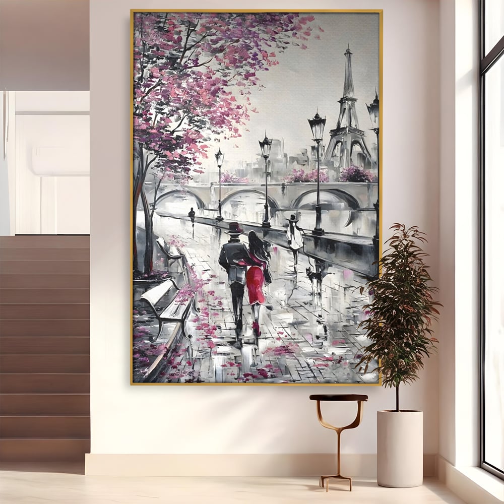 Tablou canvas cu pictura cu cuplu in paris, in rama de aluminiu auriu